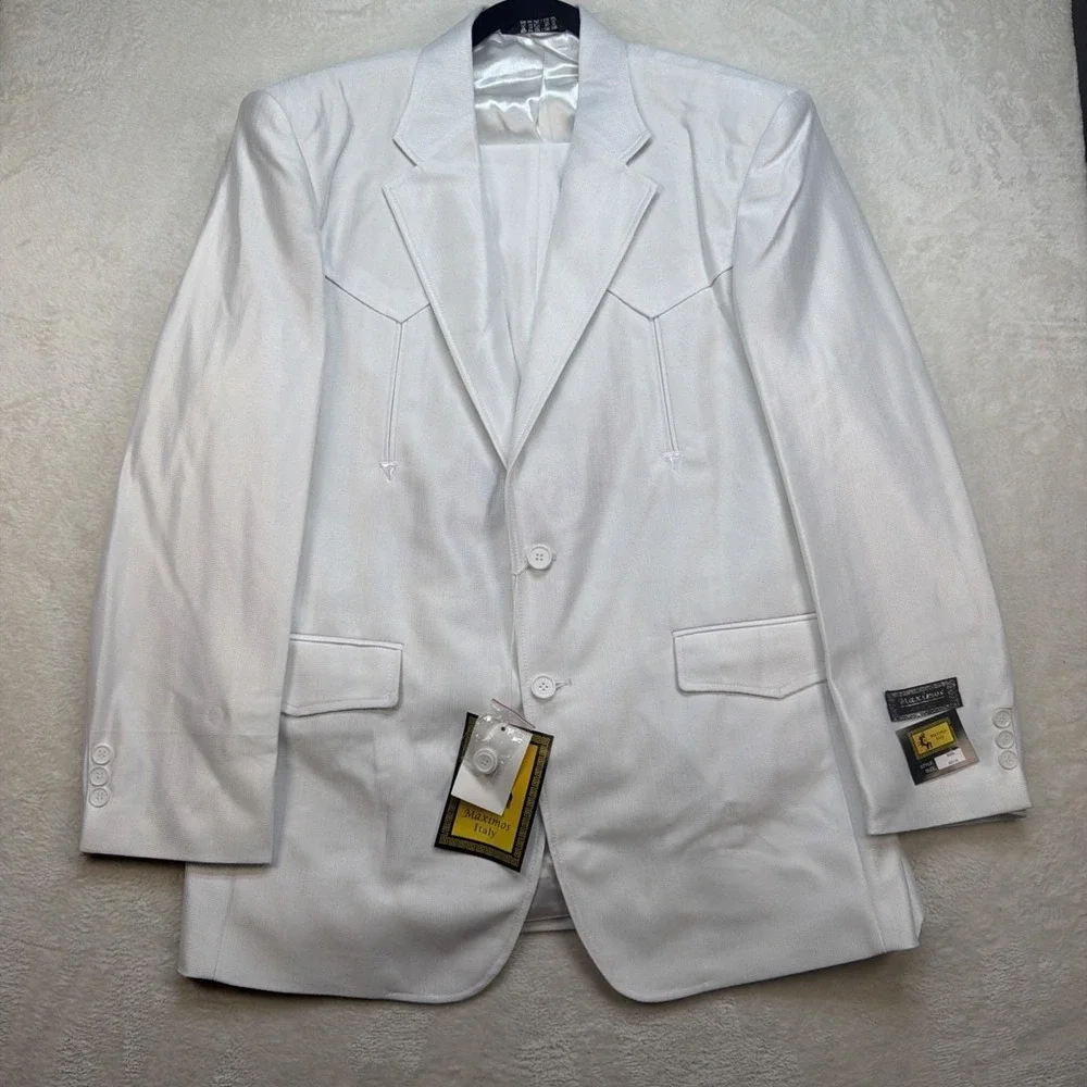 White Western Suit Mens Wedding Jacket Pants Set 42R 34 Rockabilly Vintage